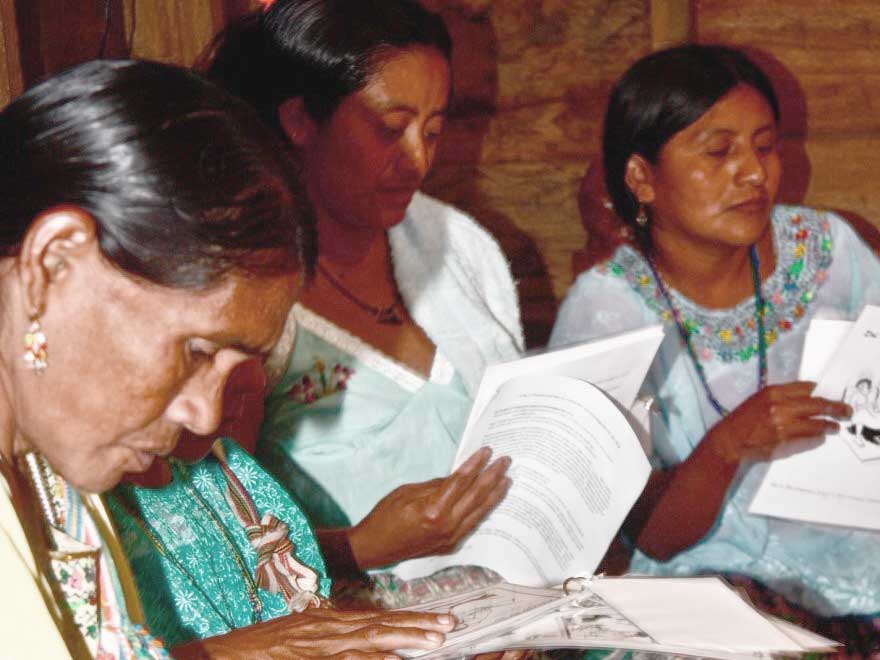 Maya speakers reviewing printed material