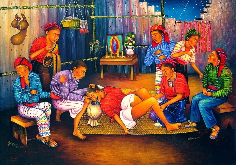 Painting of a Mayan woman giving birth, surrounded by midwives and helpers